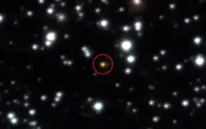 Gamma ray burst - Our image from the European Southern Observatory shows a powerful explosion (yellow dot in the center of the image) that repeated itself several times over the course of a day. The image, taken with ESO's Very Large Telescope, allowed astronomers to determine that the explosion occurred not in the Milky Way, but in another galaxy. (Image: European Southern Observatory/AP)