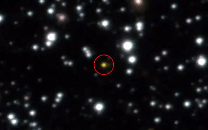 Gamma ray burst - Our image from the European Southern Observatory shows a powerful explosion (yellow dot in the center of the image) that repeated itself several times over the course of a day. The image, taken with ESO's Very Large Telescope, allowed astronomers to determine that the explosion occurred not in the Milky Way, but in another galaxy. (Image: European Southern Observatory/AP)