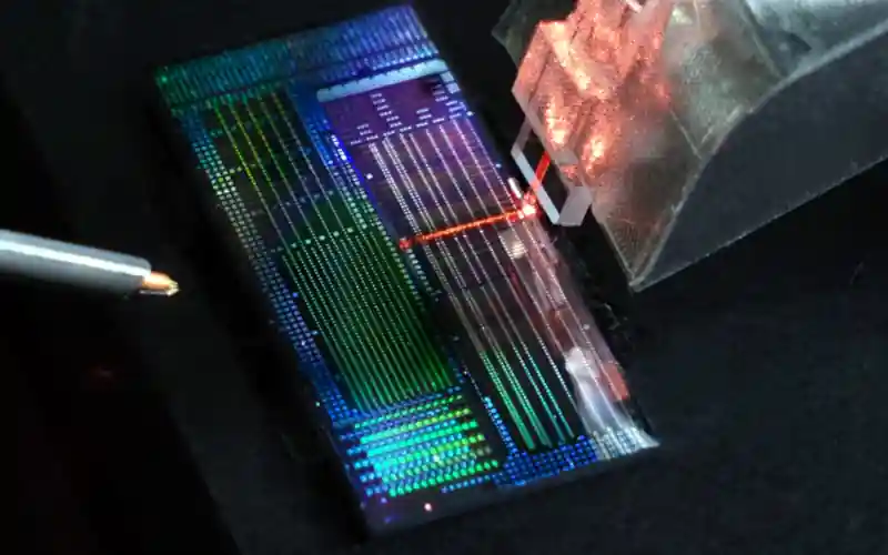 Ultraskin optics chip - Optical chip developed in the study with laser light from an optical fiber array. Credit: Jake Freedman