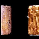 A figurine called Adorant from Geissenkloesterle Cave, located near the town of Blaubeuren in the state of Baden-Wuerttemberg, made approximately 40,000 years old and consisting of a small ivory plate bearing an anthropomorphic figure and multiple sequences of notches and dots, is displayed, in Stuttgart, Germany